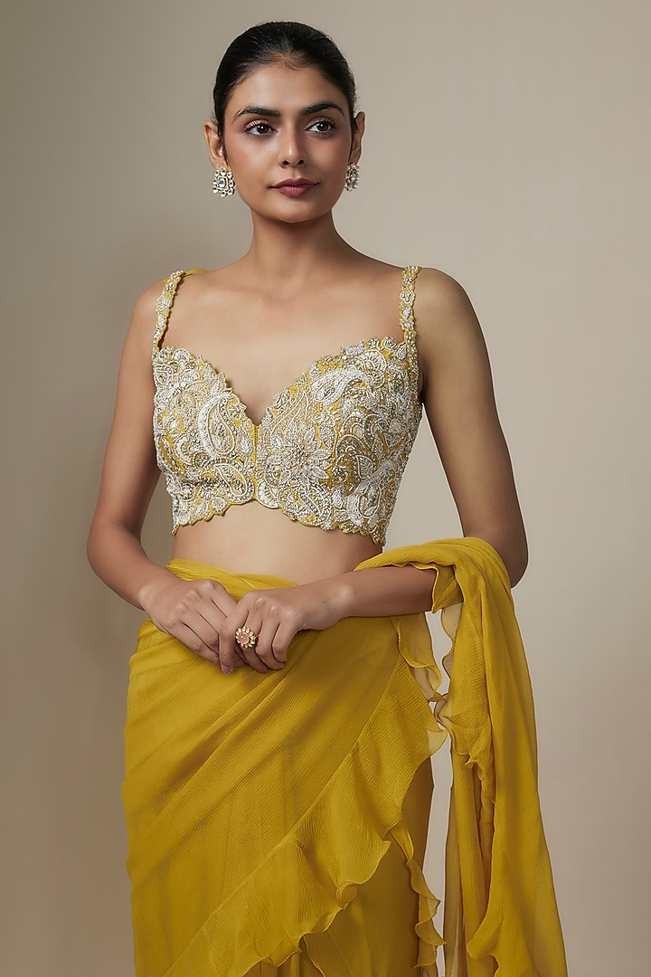 Yellow Chiffon Ruffled Reception Saree Set by Mrunalini Rao at Pernia's Pop Up Shop
