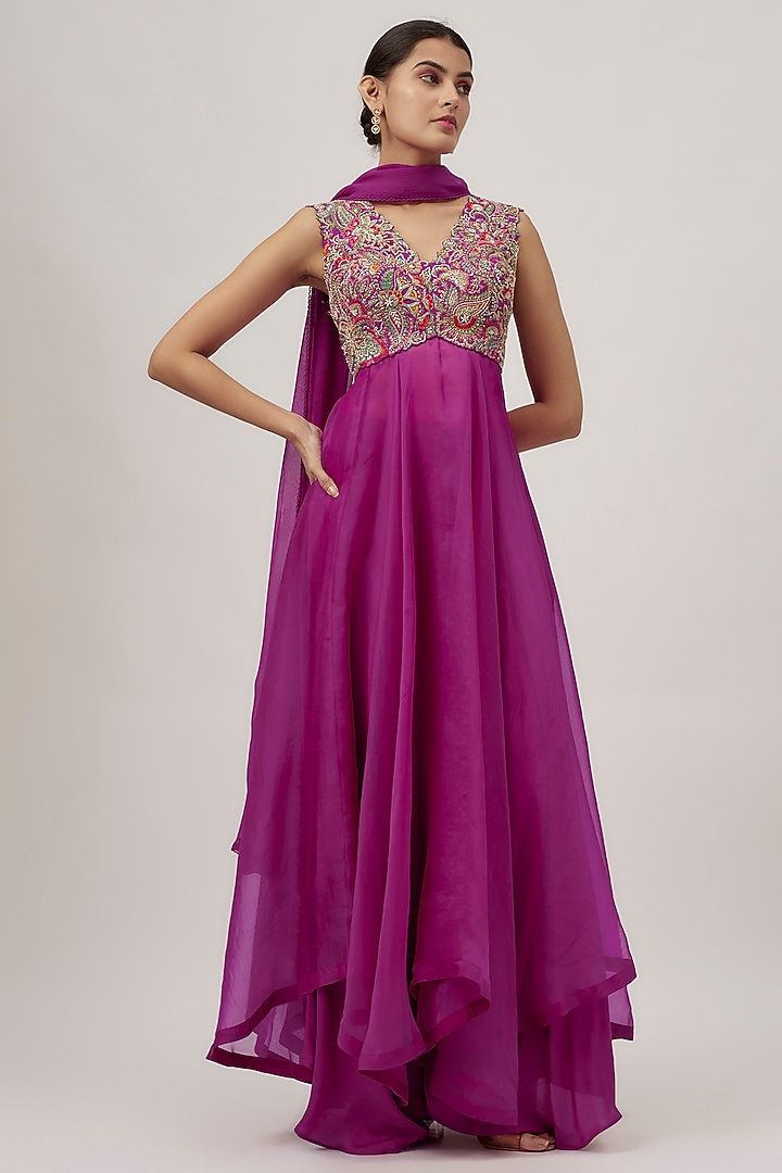 Magenta Raw Silk & Organza Zardosi Embroidered Bridal Anarkali Set by Mrunalini Rao at Pernia's Pop Up Shop
