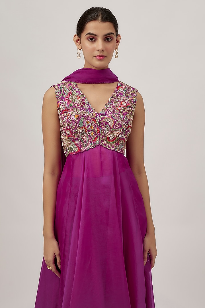 Magenta Raw Silk & Organza Zardosi Embroidered Bridal Anarkali Set by Mrunalini Rao at Pernia's Pop Up Shop