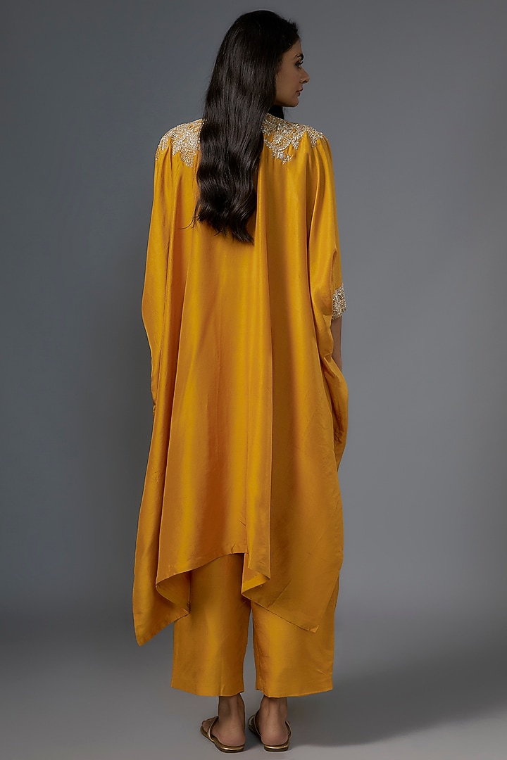 Mustard Pure Silk Hand Embroidered Kaftan Set by Mrunalini Rao at Pernia's Pop Up Shop