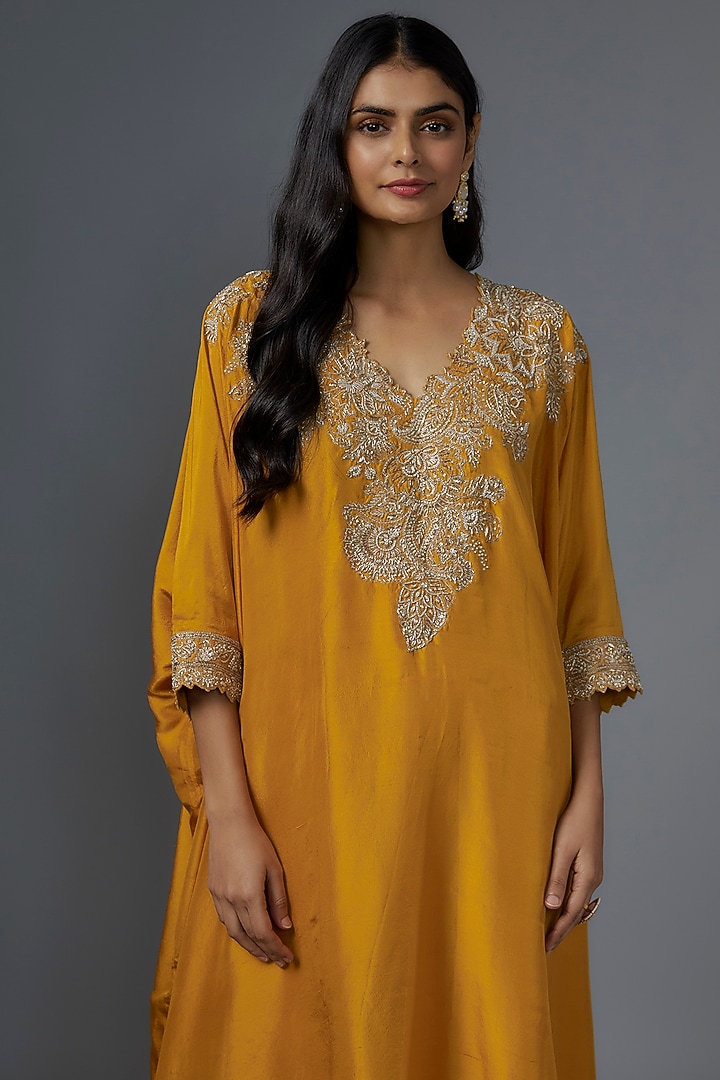 Mustard Pure Silk Hand Embroidered Kaftan Set by Mrunalini Rao at Pernia's Pop Up Shop