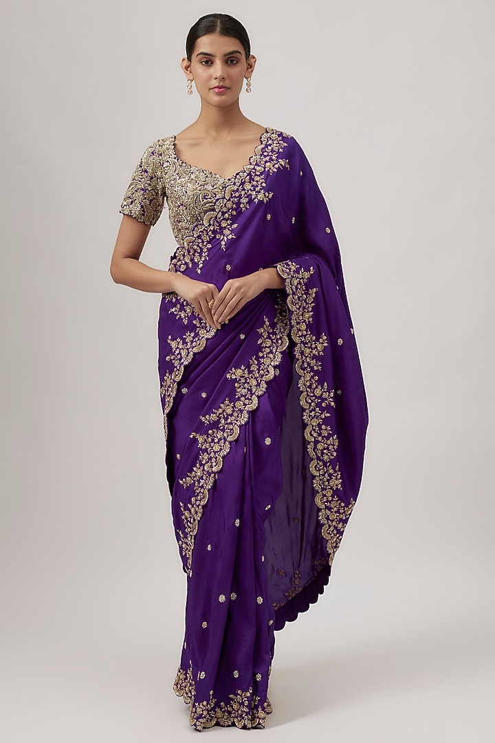Purple Raw Silk & Silk Bridal Saree Set by Mrunalini Rao at Pernia's Pop Up Shop