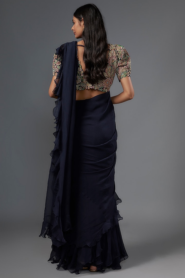 Navy Blue Chiffon Ruffled Reception Saree Set by Mrunalini Rao at Pernia's Pop Up Shop