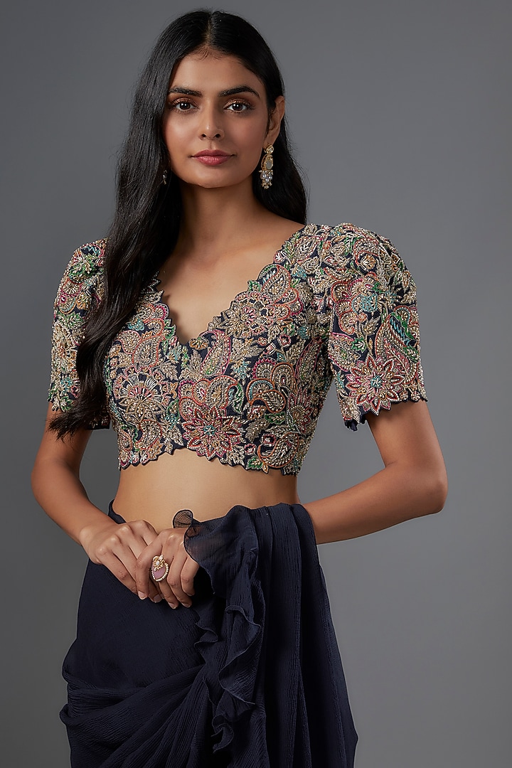 Navy Blue Chiffon Ruffled Reception Saree Set by Mrunalini Rao at Pernia's Pop Up Shop