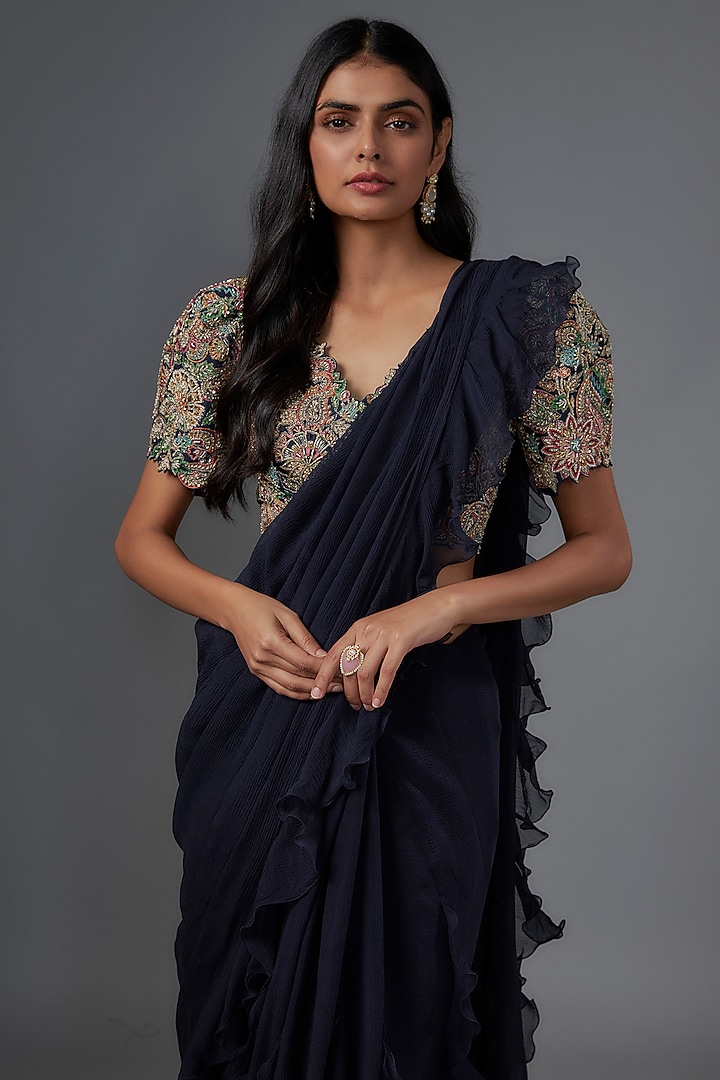 Navy Blue Chiffon Ruffled Reception Saree Set by Mrunalini Rao at Pernia's Pop Up Shop