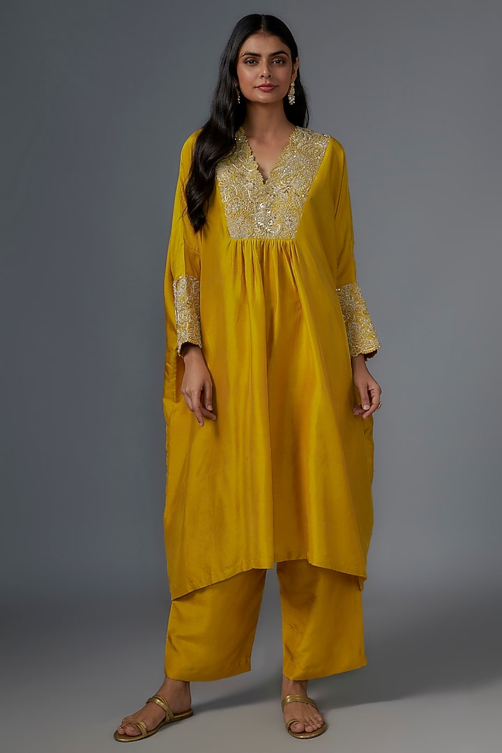 Mustard Yellow Pure Silk Pearl & Zardosi Embroidered Kurta Set by Mrunalini Rao at Pernia's Pop Up Shop