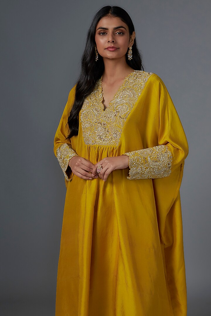 Mustard Yellow Pure Silk Pearl & Zardosi Embroidered Kurta Set by Mrunalini Rao at Pernia's Pop Up Shop