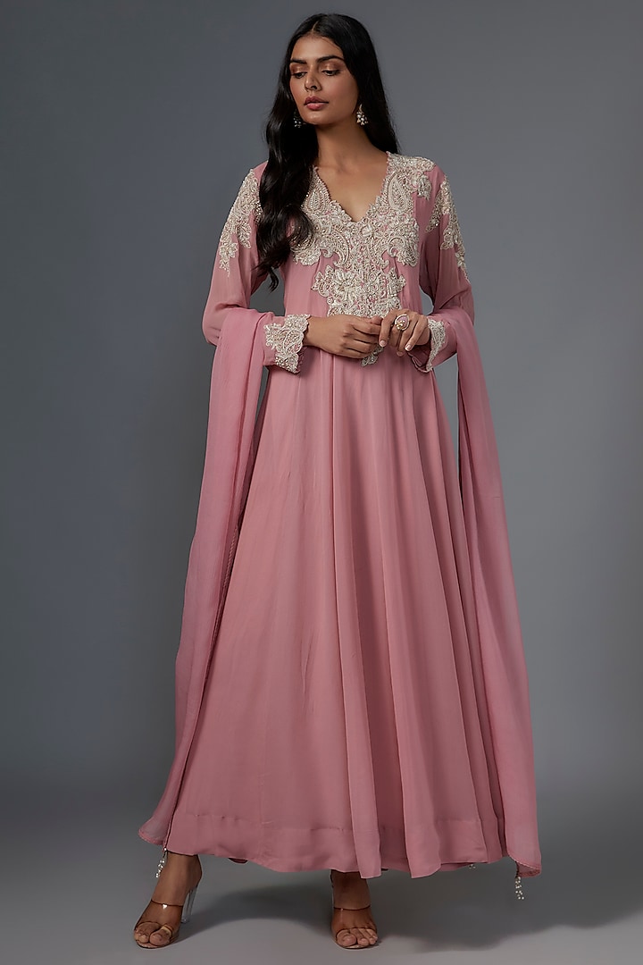 Blush Pink Georgette Zardosi Embroidered Anarkali Set by Mrunalini Rao at Pernia's Pop Up Shop