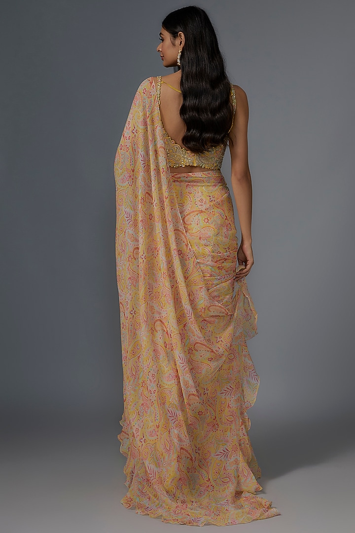 Yellow Chiffon Printed Ruffled Reception Saree Set by Mrunalini Rao at Pernia's Pop Up Shop
