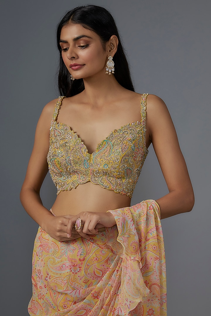 Yellow Chiffon Printed Ruffled Reception Saree Set by Mrunalini Rao at Pernia's Pop Up Shop