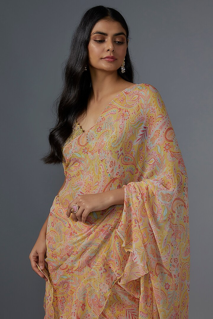 Yellow Chiffon Printed Ruffled Reception Saree Set by Mrunalini Rao at Pernia's Pop Up Shop