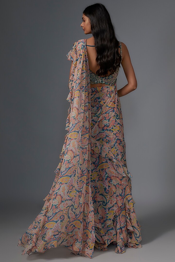 Teal Blue Chiffon Printed Ruffled Reception Saree Set by Mrunalini Rao at Pernia's Pop Up Shop