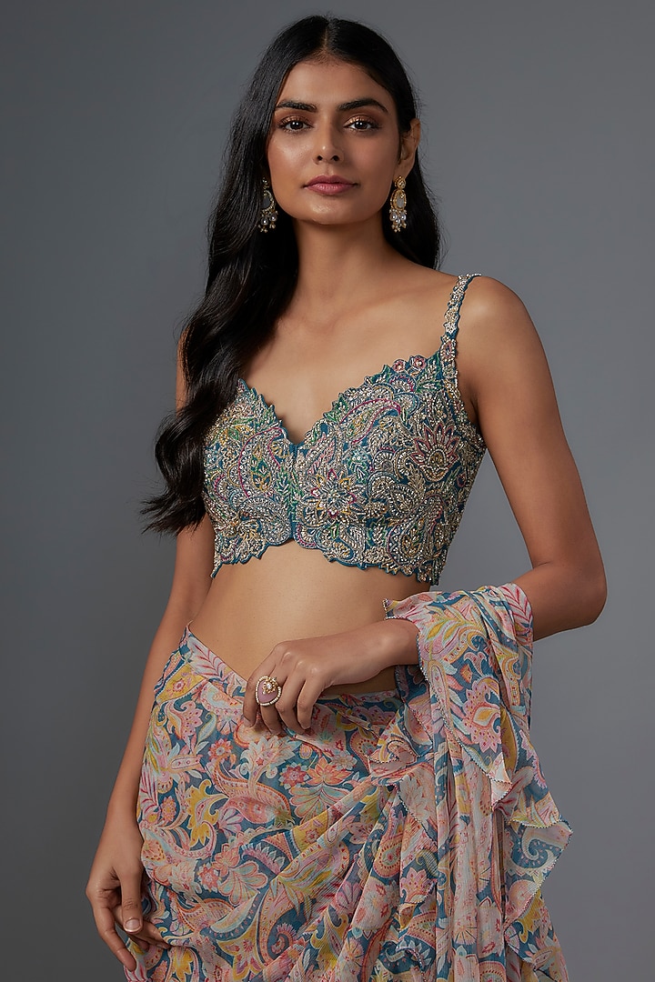 Teal Blue Chiffon Printed Ruffled Reception Saree Set by Mrunalini Rao at Pernia's Pop Up Shop