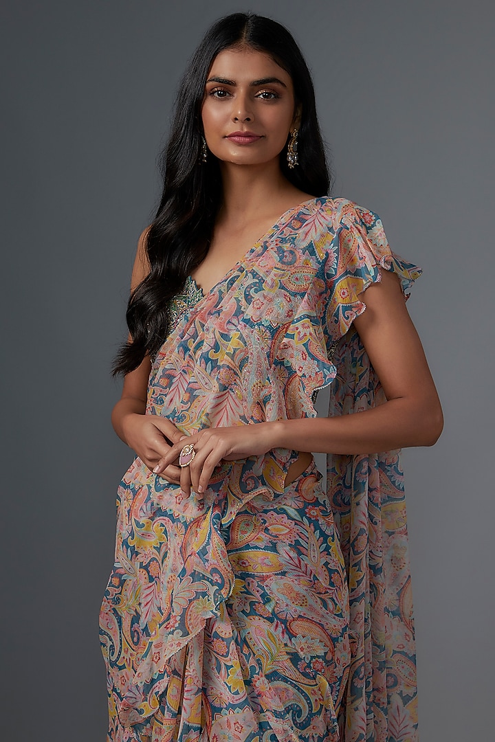 Teal Blue Chiffon Printed Ruffled Reception Saree Set by Mrunalini Rao at Pernia's Pop Up Shop