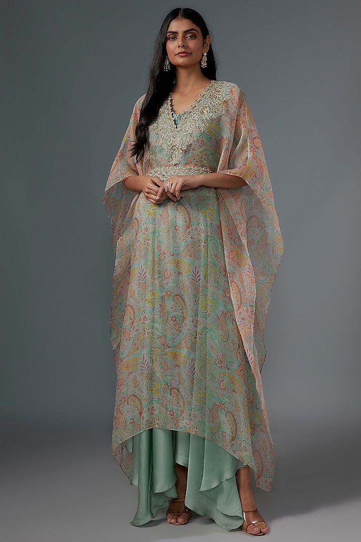 Mint Organza Printed & Zardosi Embroidered Kaftan Set by Mrunalini Rao at Pernia's Pop Up Shop