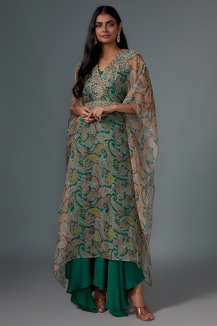 Rama Green Organza Printed & Zardosi Embroidered Kaftan Set by Mrunalini Rao at Pernia's Pop Up Shop