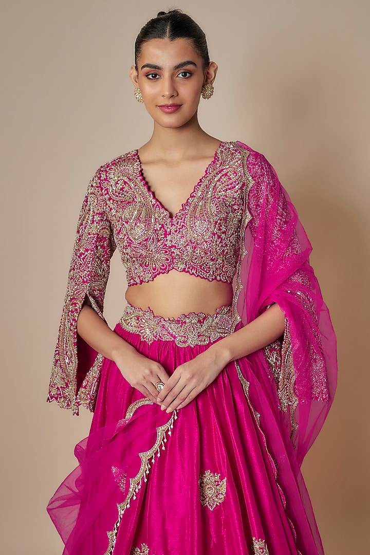 Fuchsia Pink Pure Silk Hand Embroidered Bridal Lehenga Set by Mrunalini Rao at Pernia's Pop Up Shop