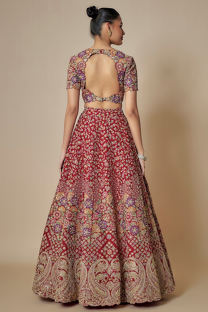Red Raw Silk Floral Motif Embroidered Handcrafted Bridal Lehenga Set by Mrunalini Rao at Pernia's Pop Up Shop