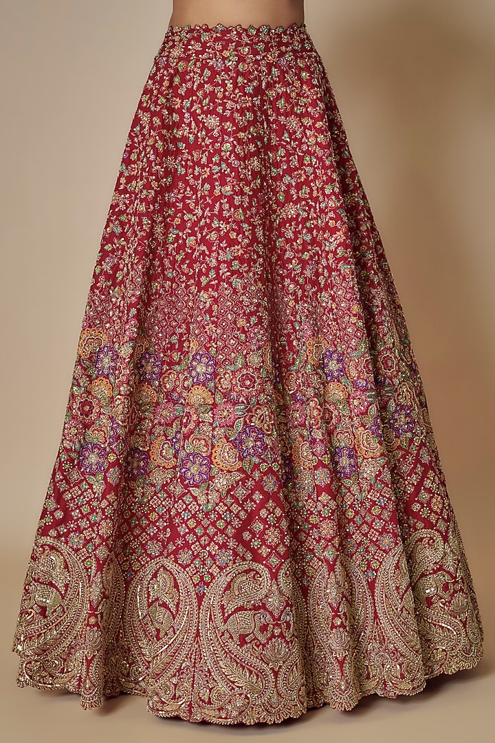 Red Raw Silk Floral Motif Embroidered Handcrafted Bridal Lehenga Set by Mrunalini Rao at Pernia's Pop Up Shop
