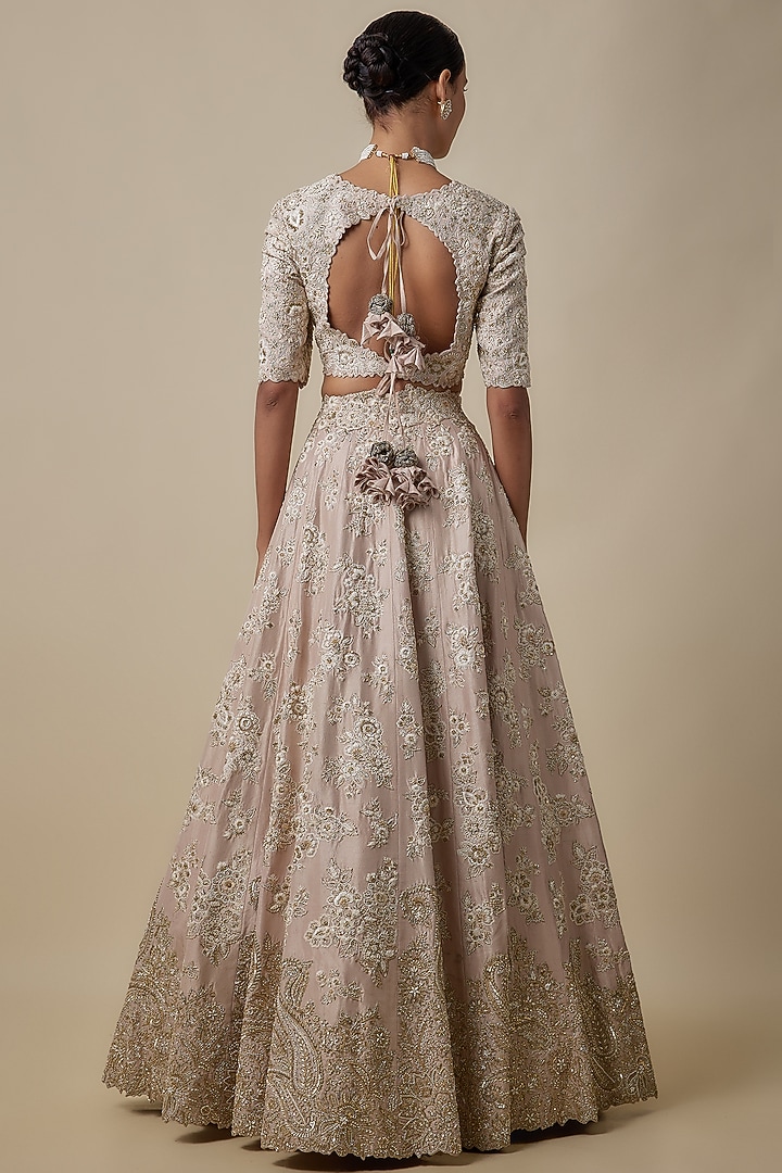 Ivory Satin Organza Hand Embroidered Bridal Lehenga Set by Mrunalini Rao at Pernia's Pop Up Shop