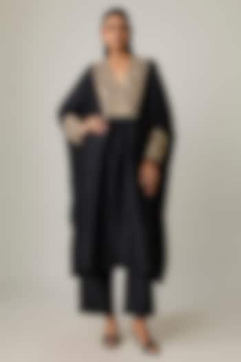 Black Pure Silk Pearls & Zardosi Embroidered Kurta Set by Mrunalini Rao at Pernia's Pop Up Shop