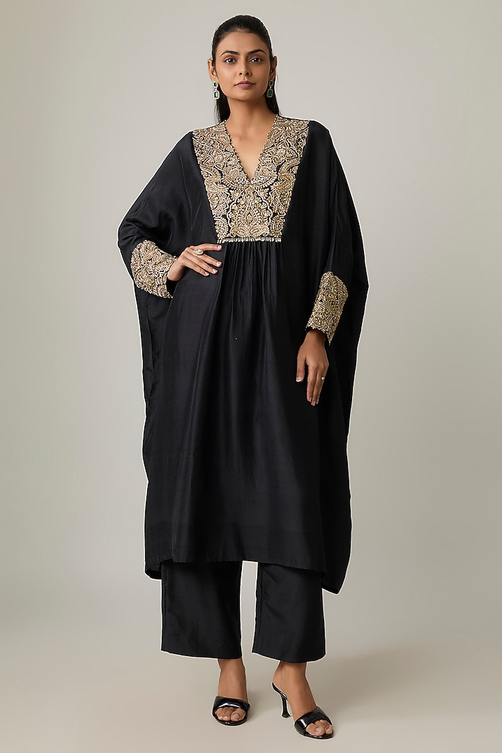 Black Pure Silk Pearls & Zardosi Embroidered Kurta Set by Mrunalini Rao at Pernia's Pop Up Shop