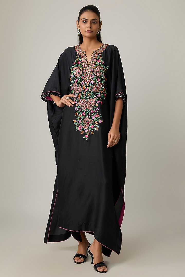 Black Silk Resham & Zardosi Embroidered Kaftan by Mrunalini Rao at Pernia's Pop Up Shop