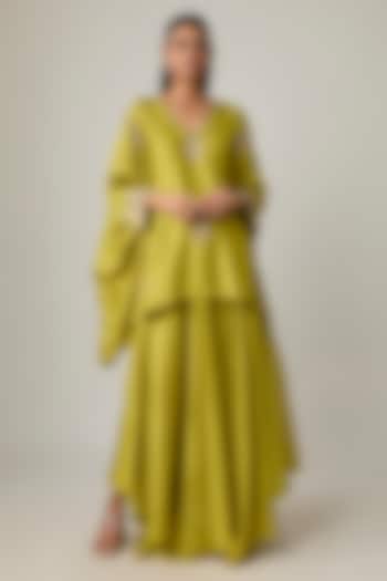 Lime Green Silk Resham & Pearl Embroidered Kaftan Set by Mrunalini Rao at Pernia's Pop Up Shop