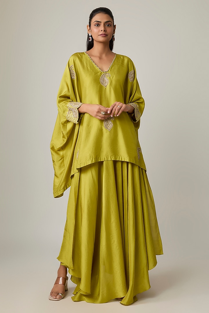 Lime Green Silk Resham & Pearl Embroidered Kaftan Set by Mrunalini Rao at Pernia's Pop Up Shop
