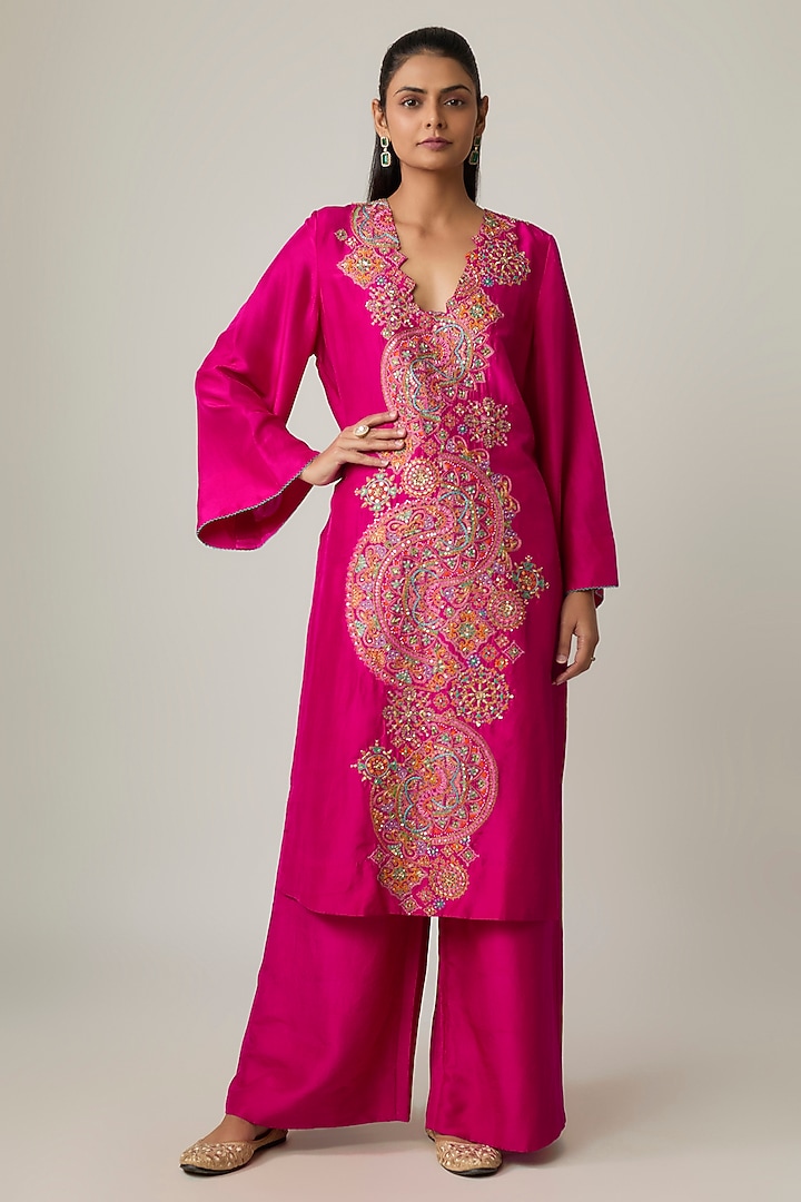 Fuchsia Silk Zardosi & Pearl Embroidered Kurta Set by Mrunalini Rao at Pernia's Pop Up Shop