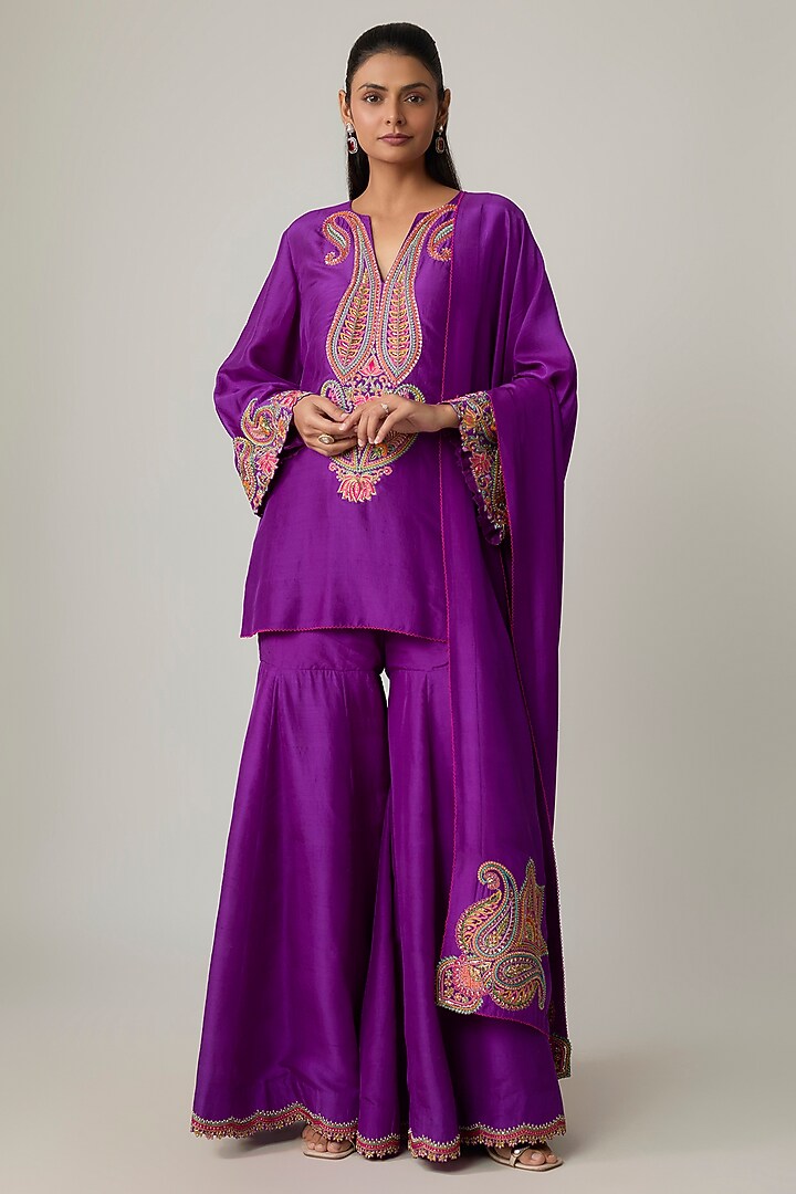 Violet Silk Resham Embroidered Bridal Sharara Set by Mrunalini Rao at Pernia's Pop Up Shop