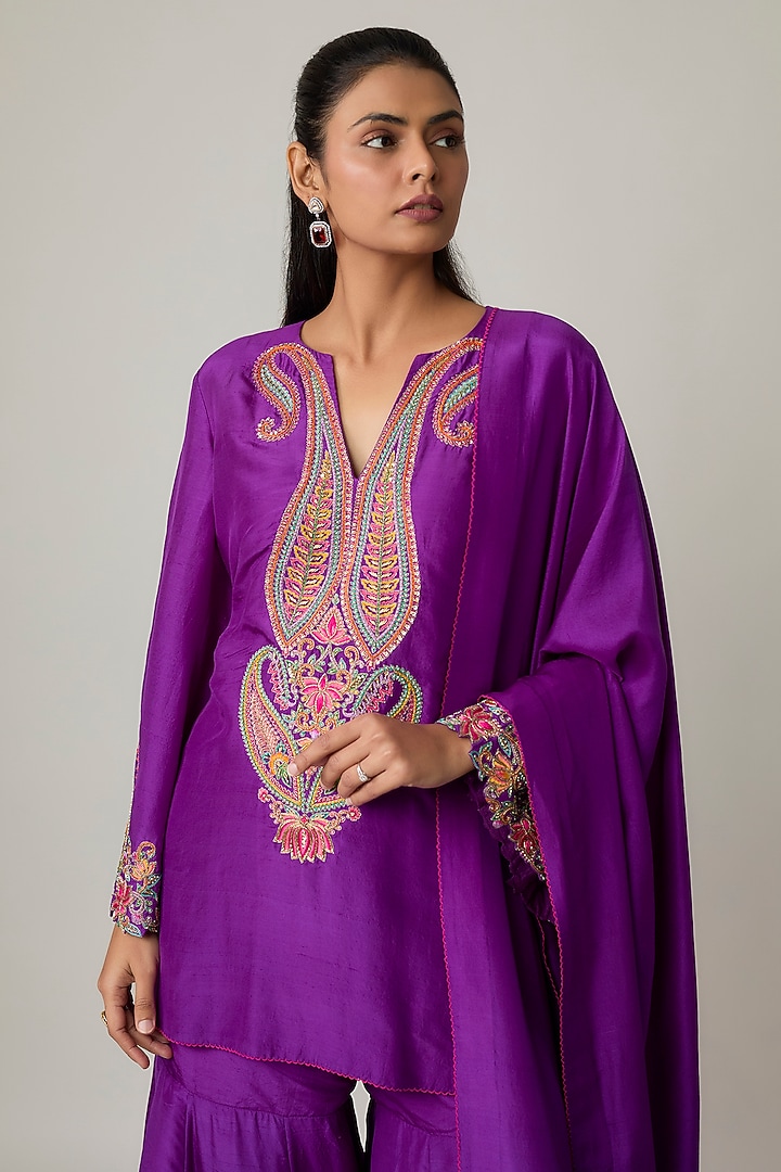 Violet Silk Resham Embroidered Bridal Sharara Set by Mrunalini Rao at Pernia's Pop Up Shop