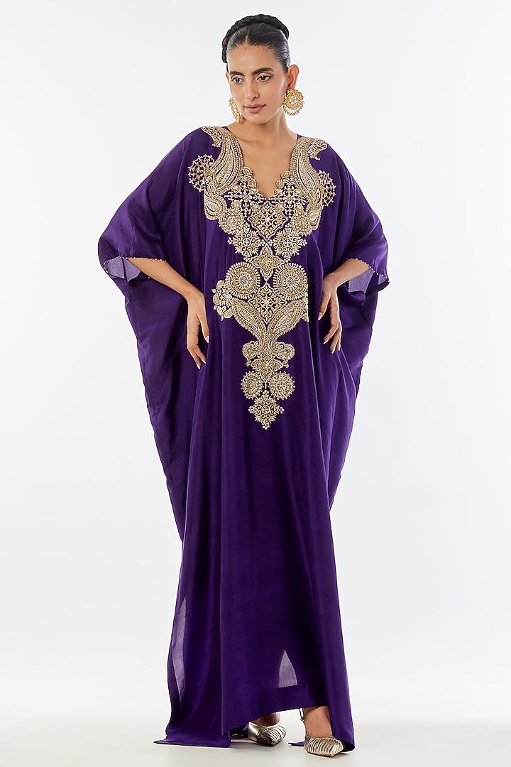 Purple Silk Zardosi Embroidered Kaftan by Mrunalini Rao at Pernia's Pop Up Shop