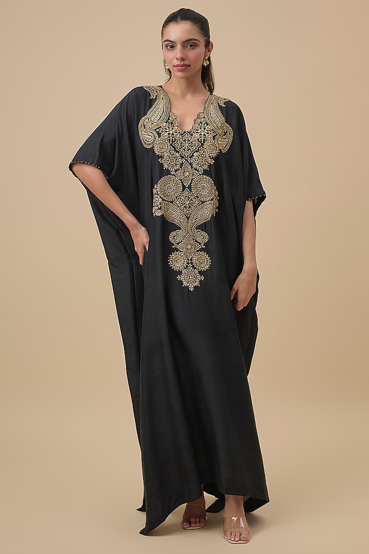 Black Silk Zardosi Embroidered Kaftan by Mrunalini Rao at Pernia's Pop Up Shop