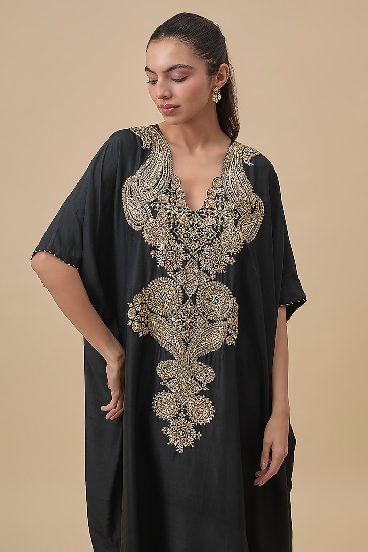 Black Silk Zardosi Embroidered Kaftan by Mrunalini Rao at Pernia's Pop Up Shop
