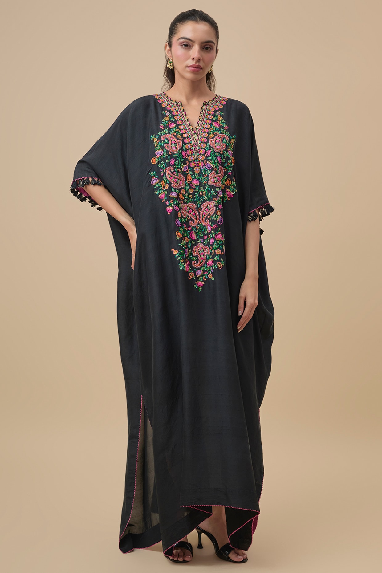 Mrunalini Rao Black Silk Resham & Zardosi Embroidered Kaftan