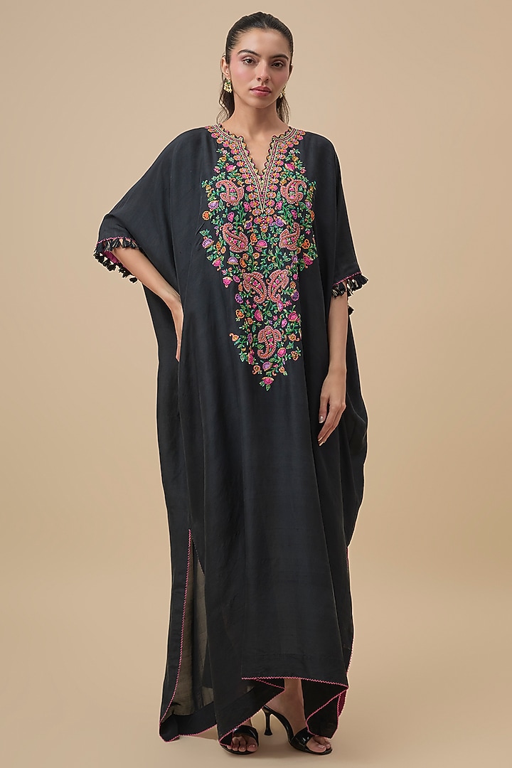 Black Silk Resham & Zardosi Embroidered Kaftan by Mrunalini Rao at Pernia's Pop Up Shop