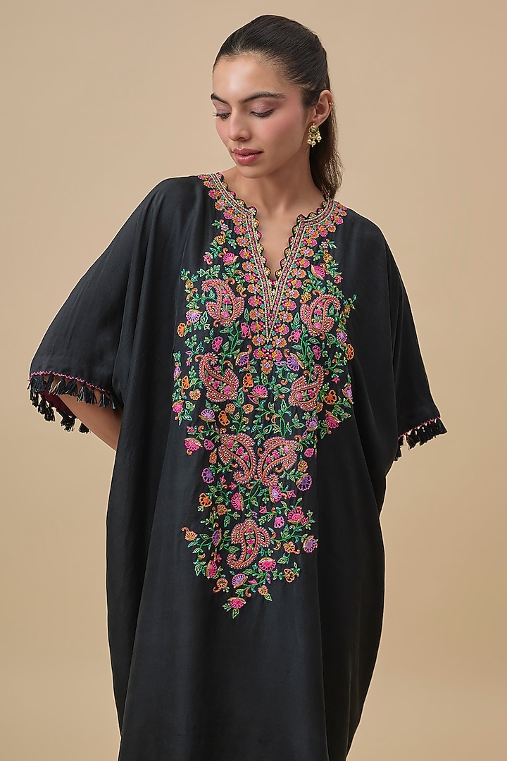 Black Silk Resham & Zardosi Embroidered Kaftan by Mrunalini Rao at Pernia's Pop Up Shop