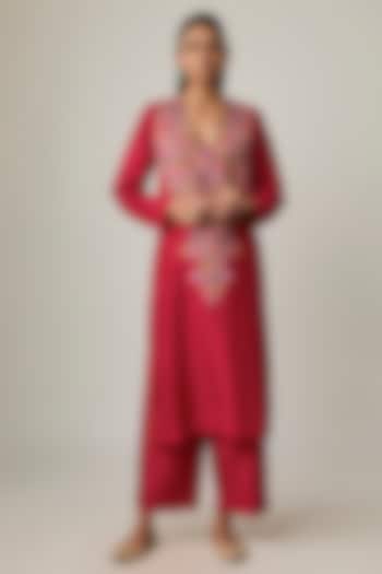 Red Silk Resham & Zardosi Embroidered Kurta Set by Mrunalini Rao at Pernia's Pop Up Shop