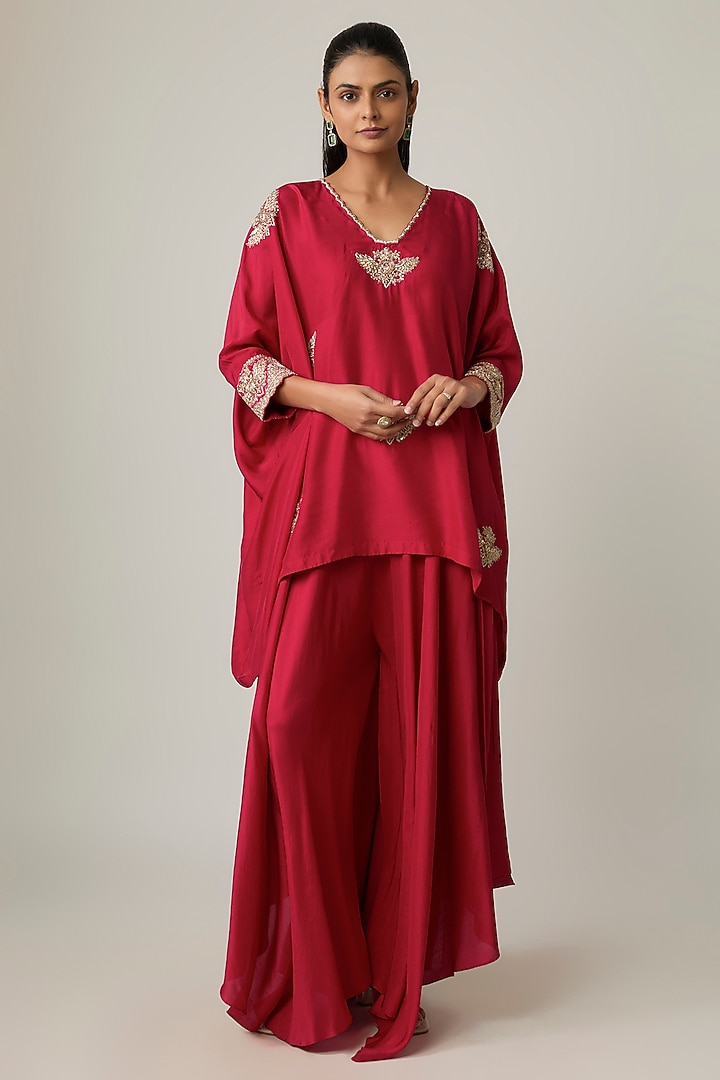 Red Silk Zardosi & Pearl Embroidered Kaftan Set by Mrunalini Rao at Pernia's Pop Up Shop
