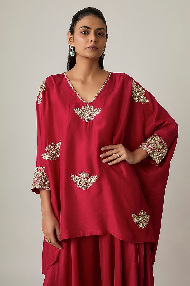 Red Silk Zardosi & Pearl Embroidered Kaftan Set by Mrunalini Rao at Pernia's Pop Up Shop
