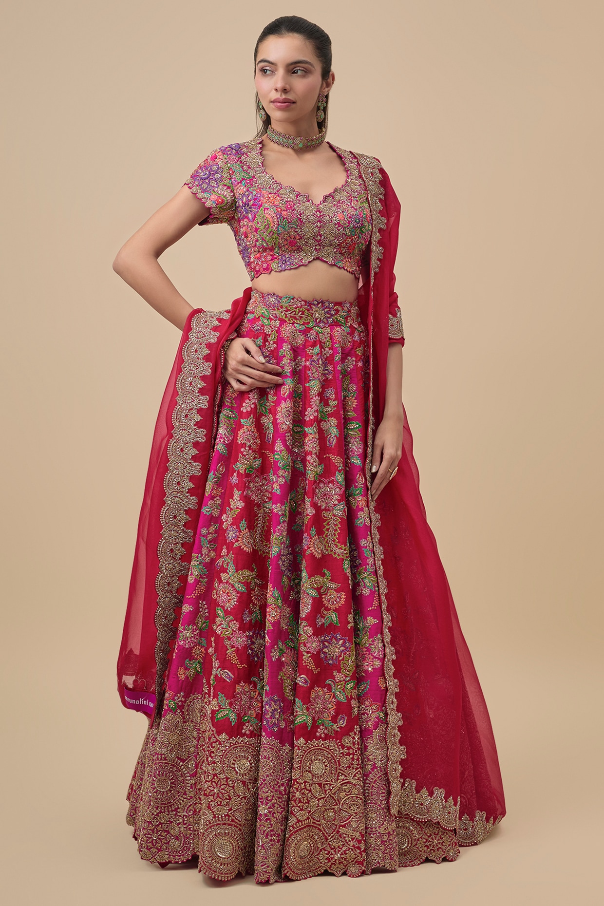 Mrunalini Rao Red & Pink Raw Silk Zardosi Embroidered Lehenga Set