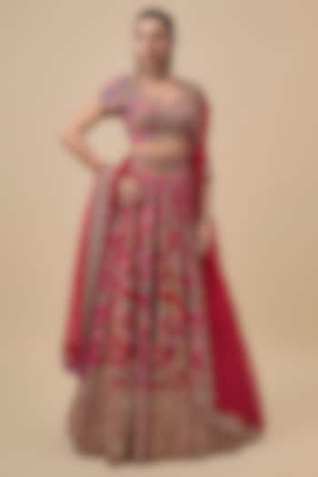 Red & Pink Raw Silk Zardosi Embroidered Bridal Lehenga Set by Mrunalini Rao at Pernia's Pop Up Shop