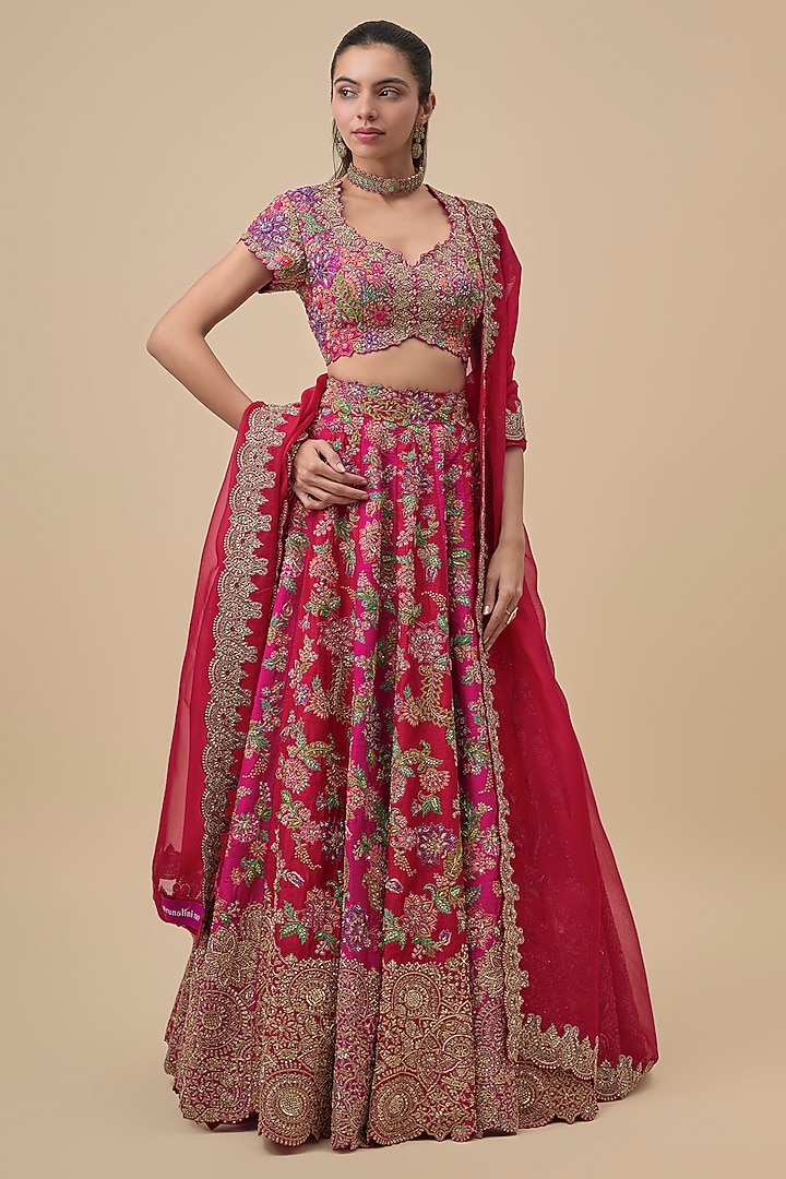 Red & Pink Raw Silk Zardosi Embroidered Bridal Lehenga Set by Mrunalini Rao at Pernia's Pop Up Shop