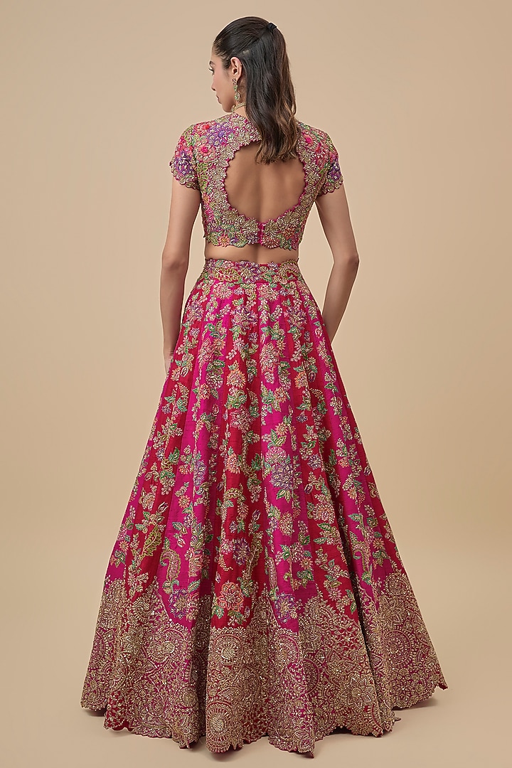 Red & Pink Raw Silk Zardosi Embroidered Bridal Lehenga Set by Mrunalini Rao at Pernia's Pop Up Shop