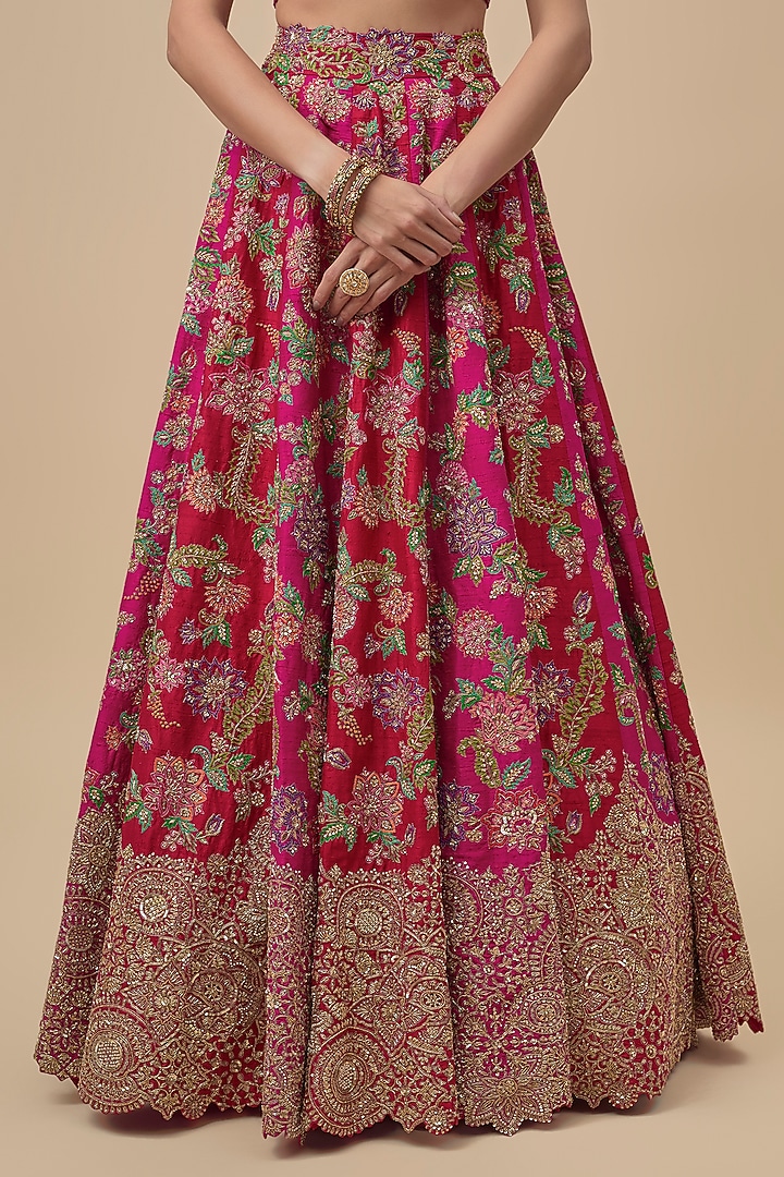 Red & Pink Raw Silk Zardosi Embroidered Bridal Lehenga Set by Mrunalini Rao at Pernia's Pop Up Shop