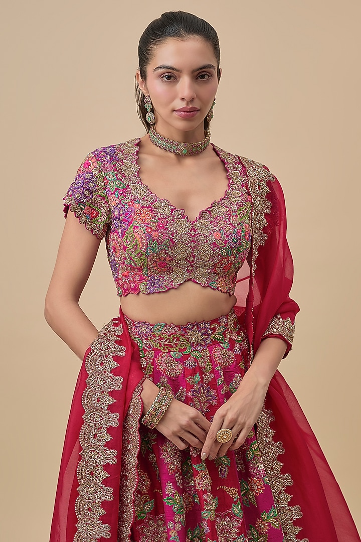 Red & Pink Raw Silk Zardosi Embroidered Bridal Lehenga Set by Mrunalini Rao at Pernia's Pop Up Shop