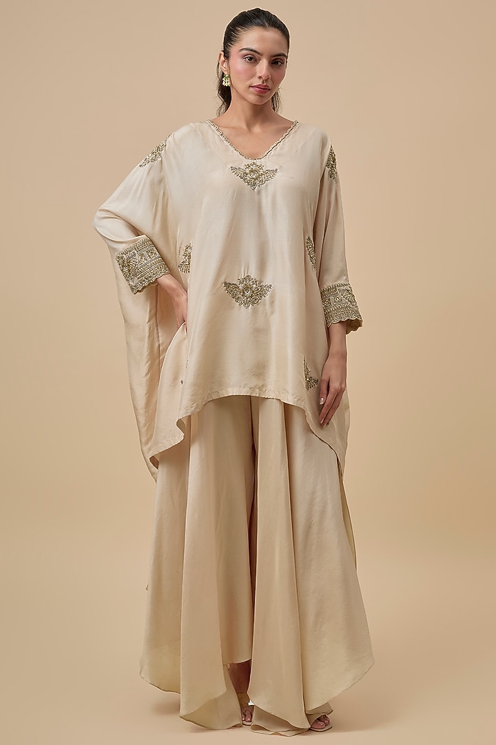 Ivory Silk Zardosi & Pearl Embroidered Kaftan Set by Mrunalini Rao at Pernia's Pop Up Shop