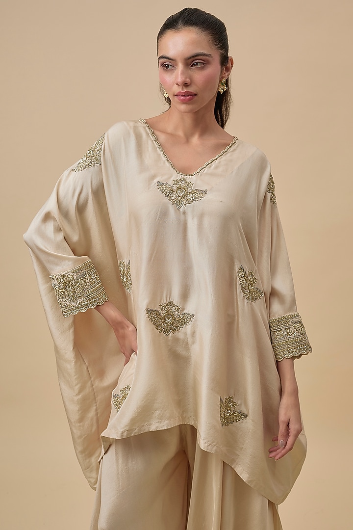 Ivory Silk Zardosi & Pearl Embroidered Kaftan Set by Mrunalini Rao at Pernia's Pop Up Shop