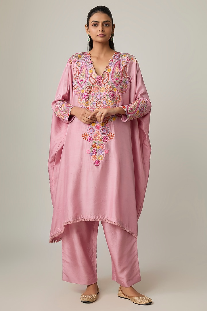 Baby Pink Silk Paisley & Floral Embroidered Kaftan Set by Mrunalini Rao at Pernia's Pop Up Shop